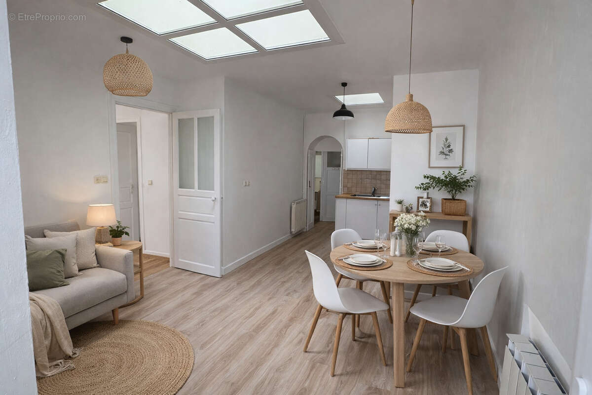 Salon moderne avec cuisine ouverte - Maison à ANGLET