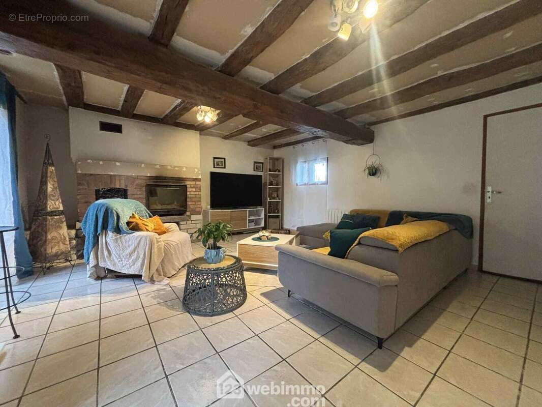 Attenant, le salon de 27,7 m2 avec cheminée à foyer fermé. - Maison à THURE