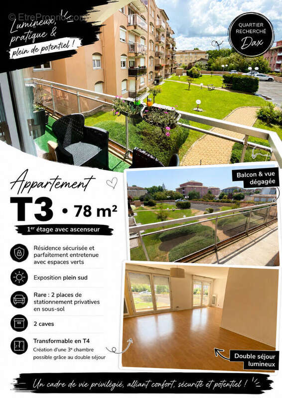 Appartement T3/T4 près de 78m² , Double séjour, balcon plein sud, 2 parkings et 2 caves - photo 3
