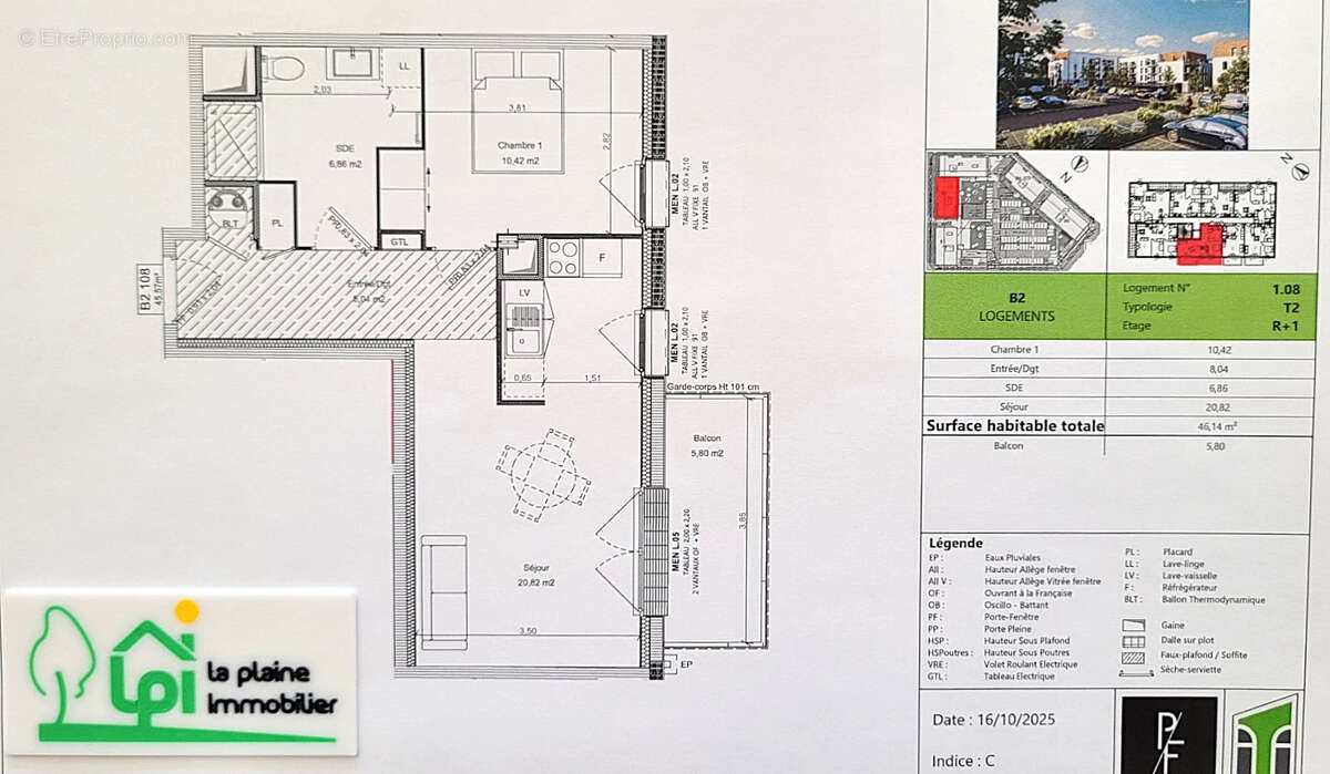 T2 de  46,14m² avec balcon S/O de 5,80 m²  et 1 stationnement en sous-sol - photo 2