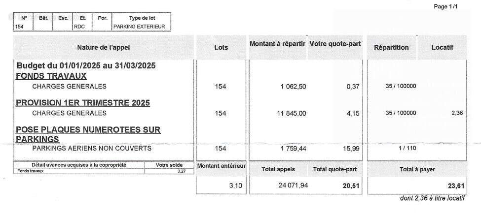 Charges de copropriété - Parking à LONS