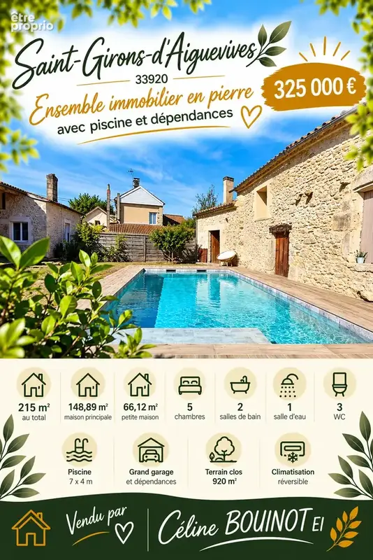 Saint-Giron-d'Aiguevive   Propriété en pierre 215 m2   5 chambres   Piscine   Maison louée - photo 1