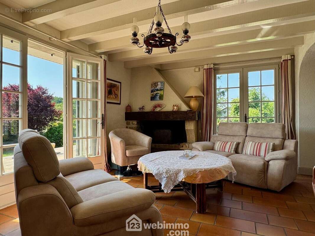 Espace salon de 21 m2 avec cheminée à foyer ouvert, - Maison à MIGNE-AUXANCES