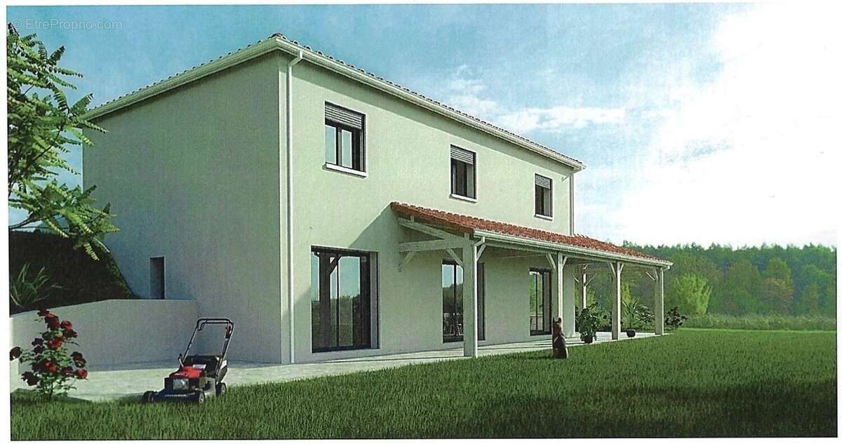 Une maison moderne à deux étages avec un toit en tuiles rouges, entourée de pelouse et d'arbres. - Terrain à LA SAUVETAT-DE-SAVERES