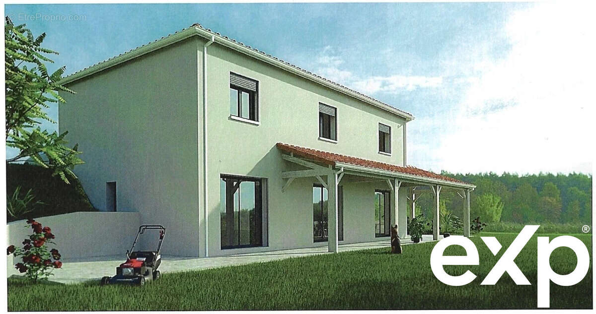 Une maison moderne à deux étages avec un toit en tuiles rouges, entourée de pelouse et d'arbres. - Terrain à LA SAUVETAT-DE-SAVERES