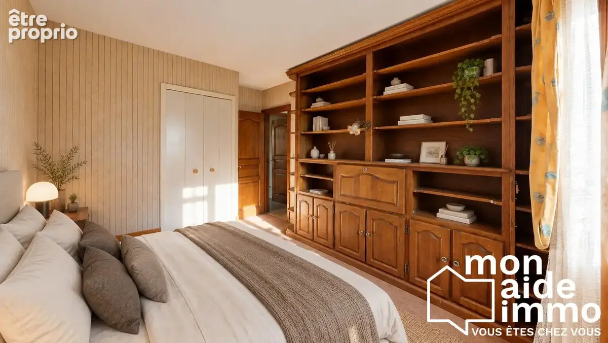 Chambre beige avec armoire et aménagement IA