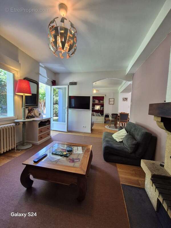 Salon lumineux ouvert sur l'extérieur, avec accès direct à la terrasse/jardin et espace de détente confortable. - Maison à LAVAL