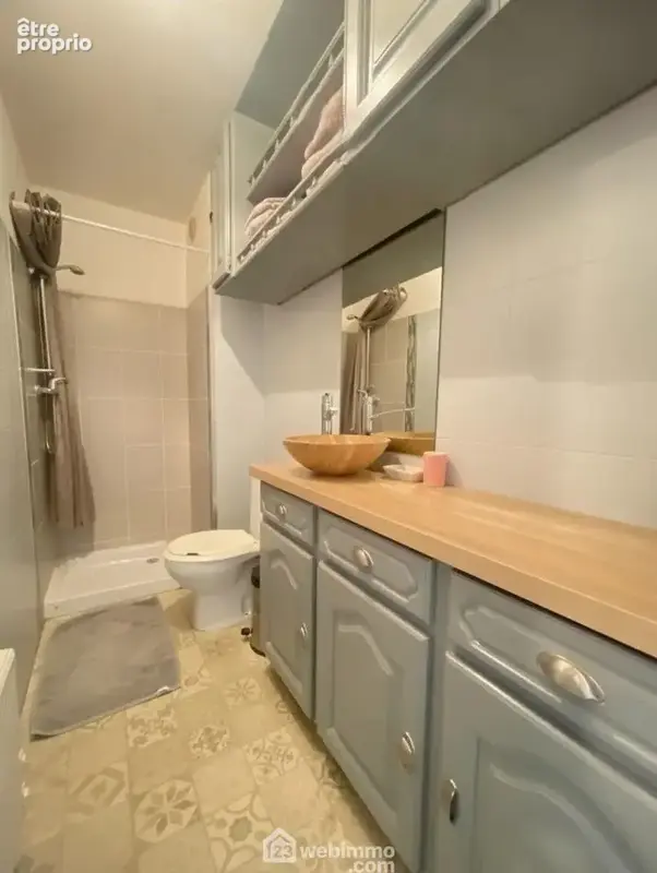 Salle d?eau fonctionnelle avec douche et espace de rangement.