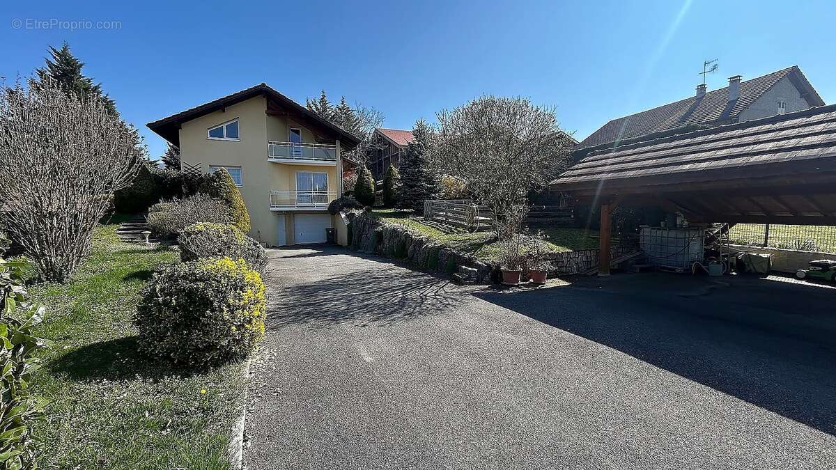Cour goudronnée et abri-voitures - Maison à FILLINGES