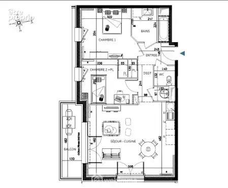 Appartement T3 de 62,09 m2 avec balcon.